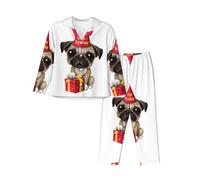 EdWal Cute Happy Birthday Pug Puppy print Pajama Set for Women Women Pajama Set Fashion Long-Sleeve Shirt and Full Length Bottom Black