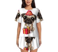 EdWal Cute Happy Birthday Pug Puppy Print Women'S Pajama Sets Lounge Wear Set Soft Loungewear Short-Sleeved Pjs And Shorts Black