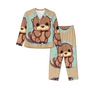 EdWal cute otter print Pajama Set for Women Women Pajama Set Fashion Long-Sleeve Shirt and Full Length Bottom Black