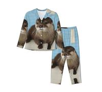 EdWal cute otter print Pajama Set for Women Women Pajama Set Fashion Long-Sleeve Shirt and Full Length Bottom Black