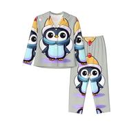 EdWal Cute penguin print print Pajama Set for Women Women Pajama Set Fashion Long-Sleeve Shirt and Full Length Bottom Black