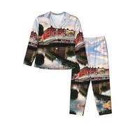 EdWal Dublin Ireland Ha Penny Bridge River print Pajama Set for Women Women Pajama Set Fashion Long-Sleeve Shirt and Full Length Bottom Black