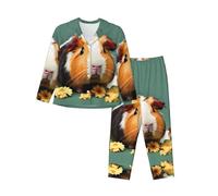 EdWal flower guinea pig print Pajama Set for Women Women Pajama Set Fashion Long-Sleeve Shirt and Full Length Bottom Black
