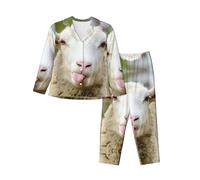 EdWal Funny Naughty Sheep Tongue Cute Animal print Pajama Set for Women Women Pajama Set Fashion Long-Sleeve Shirt and Full Length Bottom Black