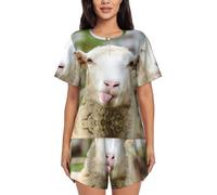 EdWal Funny Naughty Sheep Tongue Cute Animal Print Women'S Pajama Sets Lounge Wear Set Soft Loungewear Short-Sleeved Pjs And Shorts Black
