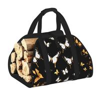EdWal Gold White Butterflies Black Print Log Carrier Bag with Open Sides Wood Log Holder for Fireplace Tote Bag Fireplace Accessory