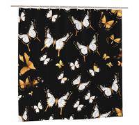 EdWal Gold White Butterflies Black Print Polyester Shower Curtain For Bathroom With Hooks 185cm Long, Waterproof Bath Accessories