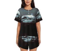 EdWal Great White Shark Print Women'S Pajama Sets Lounge Wear Set Soft Loungewear Short-Sleeved Pjs And Shorts
