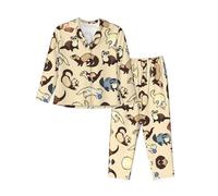 EdWal Hairy Ferret print Pajama Set for Women Women Pajama Set Fashion Long-Sleeve Shirt and Full Length Bottom Black