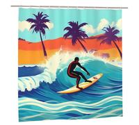EdWal Hawaiian Surfer On Wavy Print Polyester Shower Curtain For Bathroom With Hooks 185cm Long, Waterproof Bath Accessories