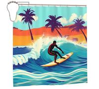 EdWal Hawaiian Surfer On Wavy Print Polyester Shower Curtain For Bathroom With Hooks 185cm Long, Waterproof Bath Accessories