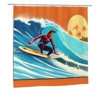 EdWal Hawaiian Surfer On Wavy Print Print Polyester Shower Curtain For Bathroom With Hooks 185cm Long, Waterproof Bath Accessories