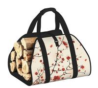 Edwal Japanese Spring Plum Floral Print Log Carrier Bag with Open Sides Wood Log Holder for Fireplace Tote Bag Fireplace Accessory