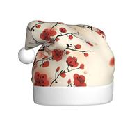 EdWal Japanese Spring Plum Floral Print Plush Santa Hat, Christmas Hats For Adults, Cozy Holiday Headwear, For Christmas Parties