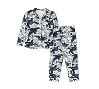 EdWal Killer Whale print Pajama Set for Women Women Pajama Set Fashion Long-Sleeve Shirt and Full Length Bottom Black