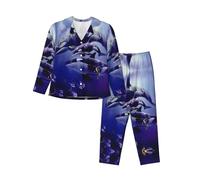 EdWal Killer Whale print Pajama Set for Women Women Pajama Set Fashion Long-Sleeve Shirt and Full Length Bottom Black