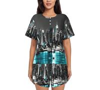 EdWal New York Paintings Print Women'S Pajama Sets Lounge Wear Set Soft Loungewear Short-Sleeved Pjs And Shorts Black
