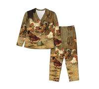 EdWal Roast Chicken Hen Farm print Pajama Set for Women Women Pajama Set Fashion Long-Sleeve Shirt and Full Length Bottom Black