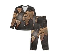 EdWal Rust World Map print Pajama Set for Women Women Pajama Set Fashion Long-Sleeve Shirt and Full Length Bottom Black
