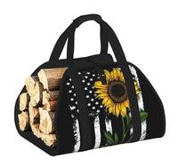 EdWal Sunflower and American Flag Print Log Carrier Bag with Open Sides Wood Log Holder for Fireplace Tote Bag Fireplace Accessory
