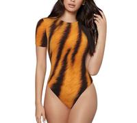 EdWal Tiger Striped Pattern Print Fitted Leotards For Women, Round Neck Short Sleeve Bodysuit Basic Tops With Snap Crotch