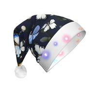 EdWal White Blooms With Blue Butterflies Print Led Christmas Beanie Light Up Christmas Hats, Knit Hats With Led Lights, Unisex Winter Santa Hat
