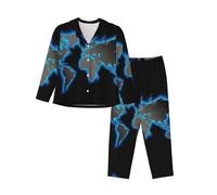 EdWal World Map print Pajama Set for Women Women Pajama Set Fashion Long-Sleeve Shirt and Full Length Bottom Black