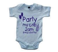 Edward Sinclair | 3-6 months | with blue print | PARTY AT MY CRIB 2AM BRING A BOTTLE | Sky blue | Baby bodysuit