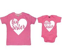 Edward Sinclair 9-11y 6-12m Big Sister & Little Sister in Heart Set - Bubblegum Pink Kids T Shirt & Bodysuit (White Glitter Print)