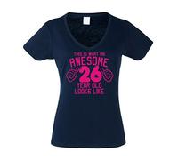 Edward Sinclair This is What an Awesome 26 Year Old Looks Like Women's Fitted Navy V Neck T-Shirt with Hot Pink Print