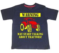 Edward Sinclair 'Warning May Start Talking About Tractors' 7-8 Years Navy T Shirt with Yellow & Red Print