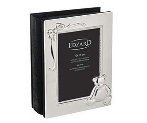 EDZARD Baby Photo Album Teddy Bear for 100 Photos 4"x6" (10x15 cm) | silver plated, tarnish resistant, black pages, christening gift, memory album, keepsake