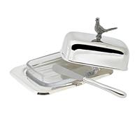 EDZARD Butter Dish Pheasant (13 x 18 cm, H 8 cm), Silver Gloss Finish, Highly Polished, with Glass Bowl, Includes Butter Knife, for 250 g Butter - Serving Bowl for Butter Elegant, Table Decoration
