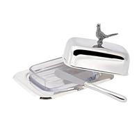 EDZARD Butter Dish Pheasant (13 x 18 cm), with Butter Knife | silver gloss finish, highly polished, glass bowl, holds 250 g, spreader, serving bowl, brunch, cheese board, kitchen decor