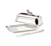 EDZARD Cow Butter Dish (13 x 18 cm, H 8 cm), Silver Gloss Finish, Mirror Polished, with Glass Bowl, Includes Butter Knife, Holds 250 Grams of Butter - Serving Bowl for Butter, Elegant Table Decoration