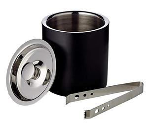 Edzard ice bucket Pearl, double-walled, set with lid and ice tongs, height 16 cm, diameter 15 cm, outside matt black, inside high-gloss polished stainless steel