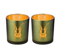 EDZARD Set of 2 Tea Light Holders Rabbit (Height 8 cm Diameter 7 cm) Green Outside/Gold Interior - easter votive candle holders, bunny tealight holders, green gold votive candle glass