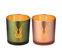 EDZARD Tea Light Holder Rabbit Set of 2 (H 8 cm, Ø 7 cm), Green and Pink | bunny motif, lights up in candlelight, easter decoration for table and windowsill, for standard tealights, tealight glass