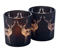 EDZARD Tea Light Holder Tiu Set of 2 (H 8 cm, Ø 7.5 cm), Matt Black | stag motif, glows gold in candlelight, for standard tealights, tealight glass, table decoration, christmas decoration
