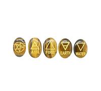 Edzzel 5 Pcs Oval Elements Golden Tiger Eye Stones Engraved Triangle Symbols (Earth Air Fire Water Spirit) Polished Tumble Stones for Gemstone Reiki Crystals