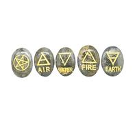 Edzzel 5 Pcs Oval Elements Labradorite Stones Engraved Triangle Symbols (Earth Air Fire Water Spirit) Polished Tumble Stones for Gemstone Reiki Crystals