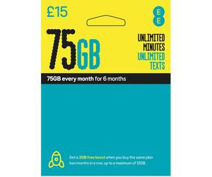 EE 75GB Data Sim includes ?15 pre-paid credit, 75GB Data, Unlimited Minutes & Unlimited Texts
