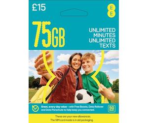 EE 75GB Data Sim includes £15 pre-paid credit, 75GB Data, Unlimited Minutes & Unlimited Texts