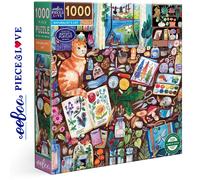 eeBoo Piece & Love: Naturalist’s Cat - 1000 Piece Puzzle - 23" Square Adult Jigsaw, Detailed Animal Worktable Scene, Glossy & Dustless, Eco-Friendly