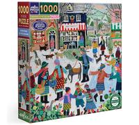 eeBoo Piece & Love: Christmas in The Square - 1000 Piece Puzzle, 23" Square Adult Jigsaw, Cozy Small Town Holiday Winter Scene, Image Reference Insert
