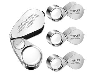 EEEKit 4PCS Loupe Magnifier, 10X 20X 30X 40X Magnifying Glass with Light, Full Metal Folding Pocket Jewelers Magnifying Loupe with UV Light and Bright LED Light for Close Work Crafts Watch Repair