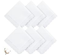 EEEKit Cotton Handkerchiefs, 6PCS White Lady Handkerchief, Solid Lace Hankies for Embroidery Tea Party Wedding, 25 × 25CM