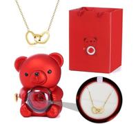 Eeiiey Engraved Heart Necklace - With Real Rose Bear Giftbox, Preserved Rose Gifts Set,Preserved Rose Hug Bear Gifts with Heart Necklace,Eternal Rose Flowers Bear Gifts,for Mom,Wife,Girlfriend (Red)