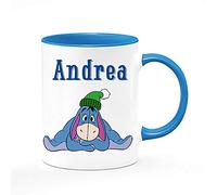 Eeiyore Personalised Crazy Cutest Donkey with Santa Cap Cartoon Animal Birthday/Christmas Coffee Tea Mug C Handle Unique Ceramic Cup Mug. (Blue Inside and Handle)