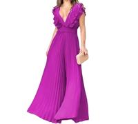 EEJBYTDI Casual Loose Solid Ruffle Pleated Long Wide-Leg Jumpsuit，Women's v Neck Sleeveless Jumpsuit,Sexy pleated jumpsuit (purple,Large)